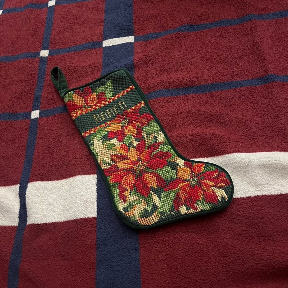 Vtg Bucilla Needlepoint Christmas Stocking Poinsettia flowers handmade Karen